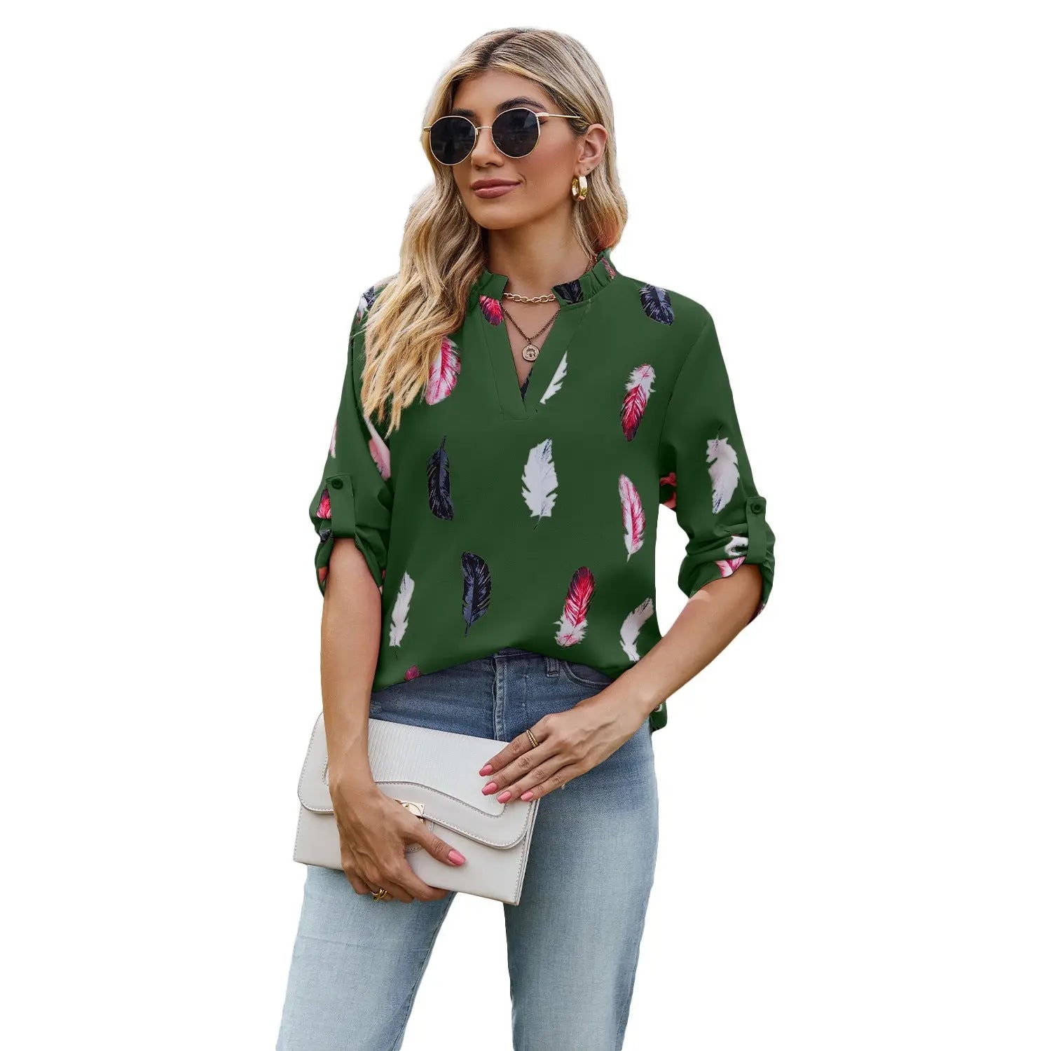 V-neck Feather Printed 34 Sleeves Loose Shirt - Pre2brand