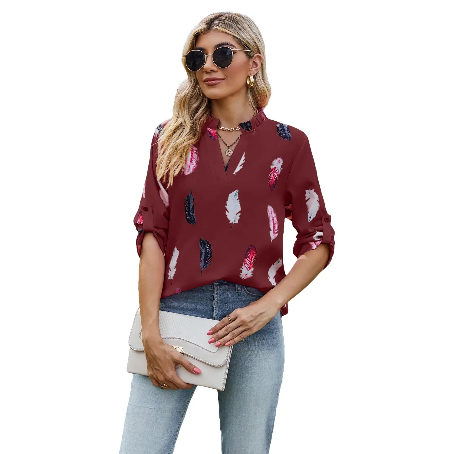 V-neck Feather Printed 34 Sleeves Loose Shirt - Pre2brand
