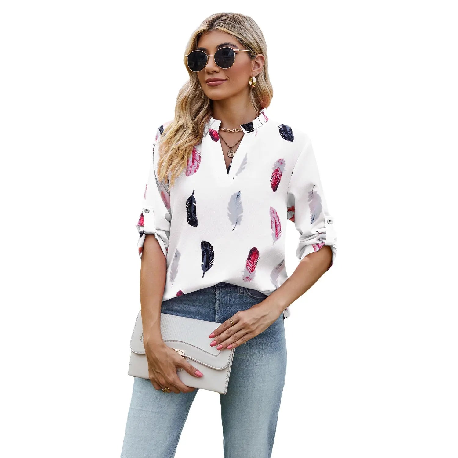 V-neck Feather Printed 34 Sleeves Loose Shirt - Pre2brand
