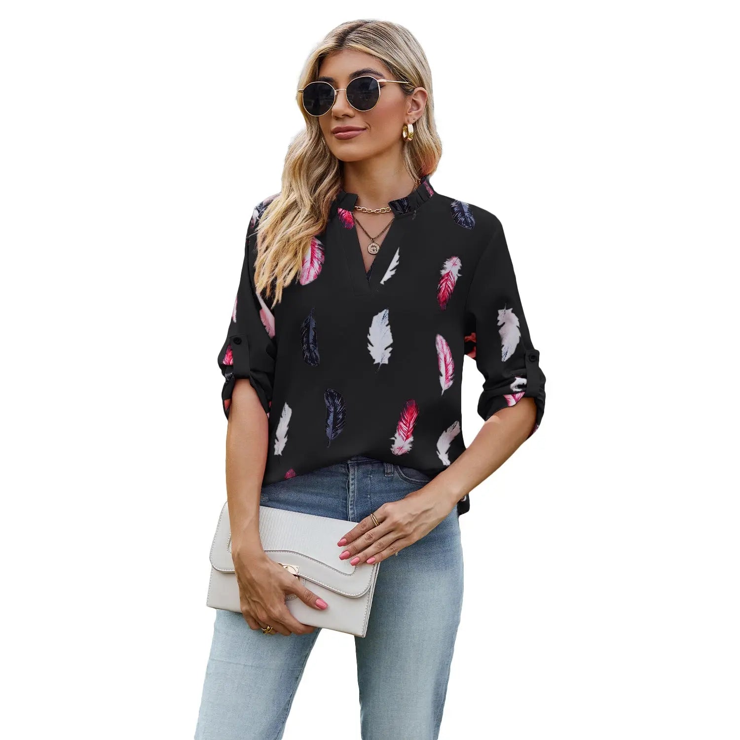 V-neck Feather Printed 34 Sleeves Loose Shirt - Pre2brand