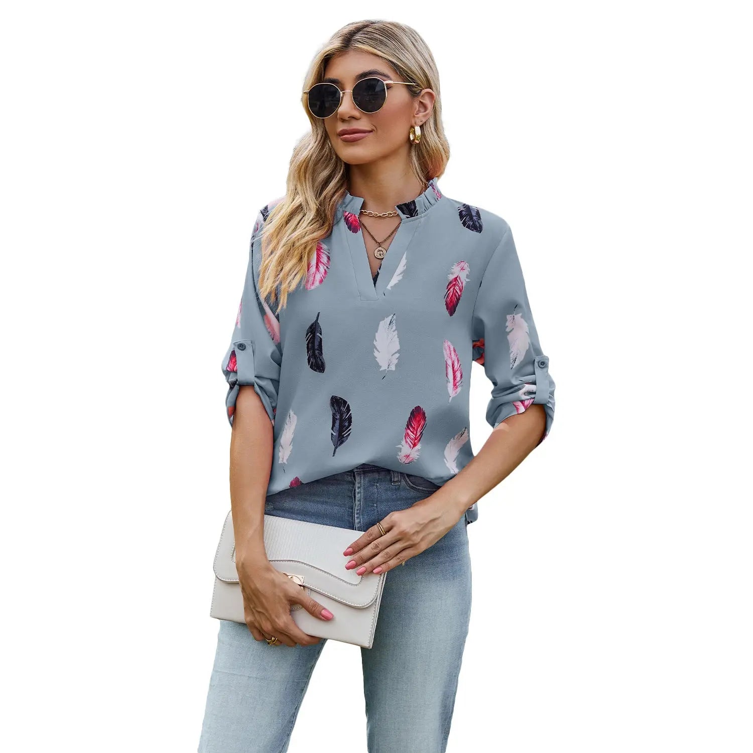 V-neck Feather Printed 34 Sleeves Loose Shirt - Pre2brand