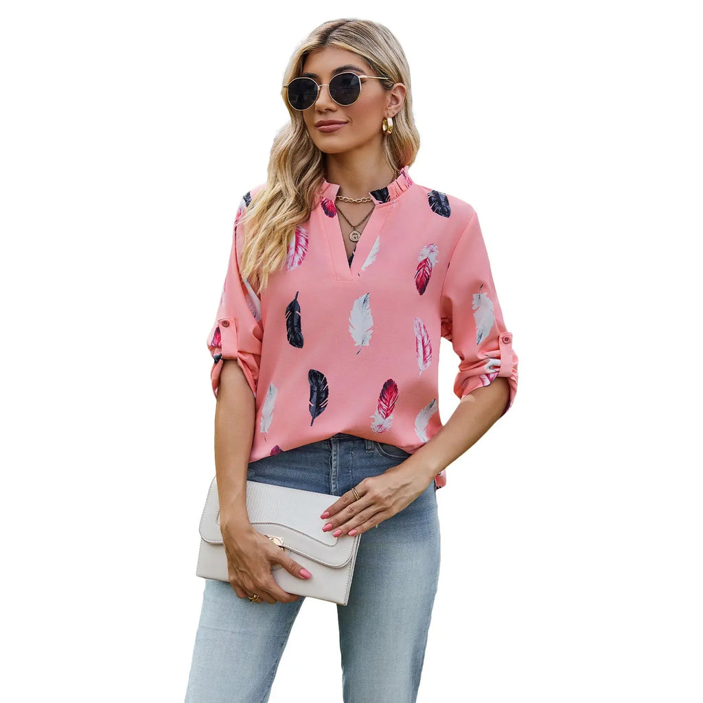 V-neck Feather Printed 34 Sleeves Loose Shirt - Pre2brand