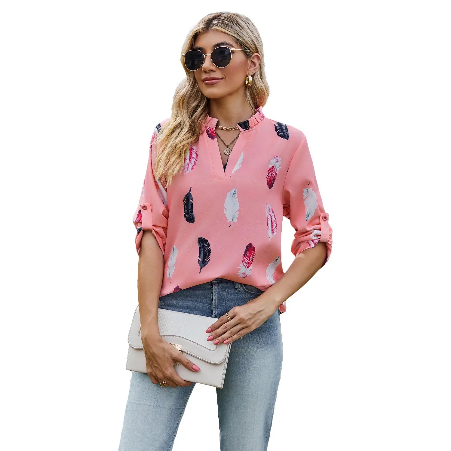 V-neck Feather Printed 34 Sleeves Loose Shirt - Pre2brand