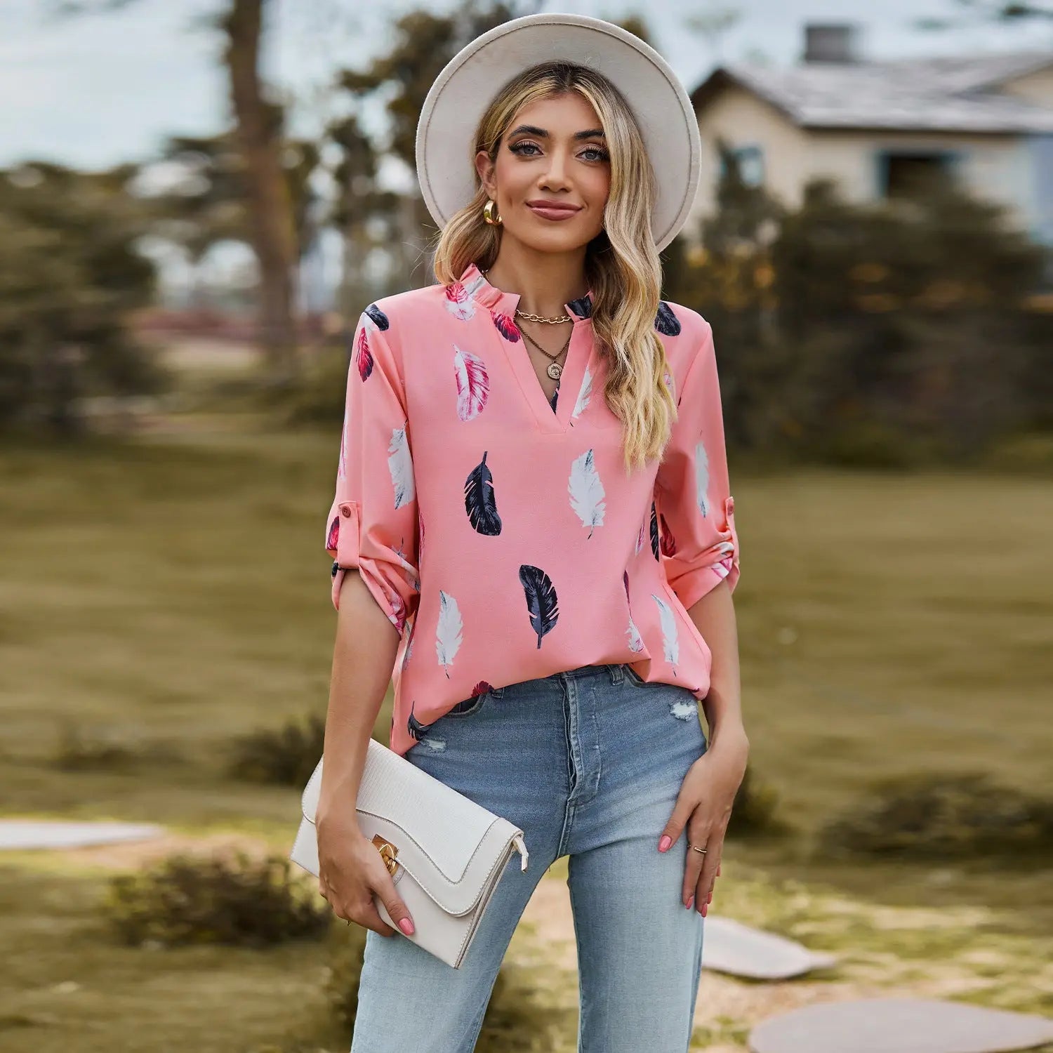 V-neck Feather Printed 34 Sleeves Loose Shirt - Pre2brand