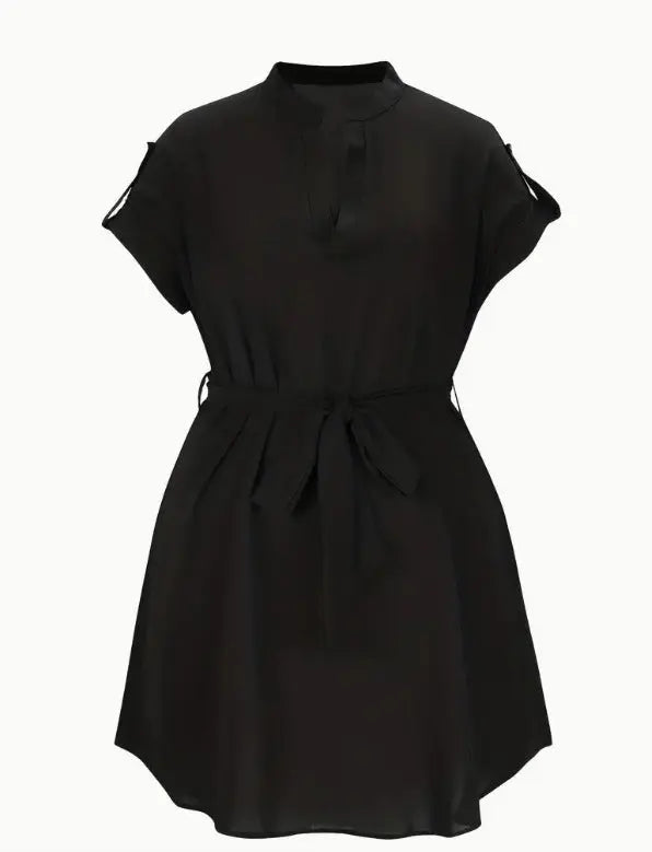 V-neck Short Sleeve Dress With Belt Summer Fashion Bowknot Dresses For Women Clothing  Pre2brand Black-5XL