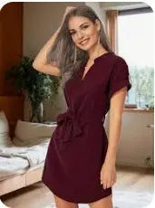 V-neck Short Sleeve Dress With Belt Summer Fashion Bowknot Dresses For Women Clothing  Pre2brand Wine-Red-5XL