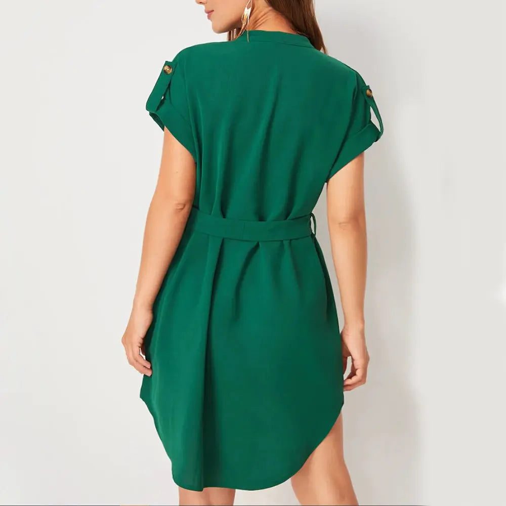 V-neck Short Sleeve Dress With Belt Summer Fashion Bowknot Dresses For Women Clothing  Pre2brand Dark-Green-5XL