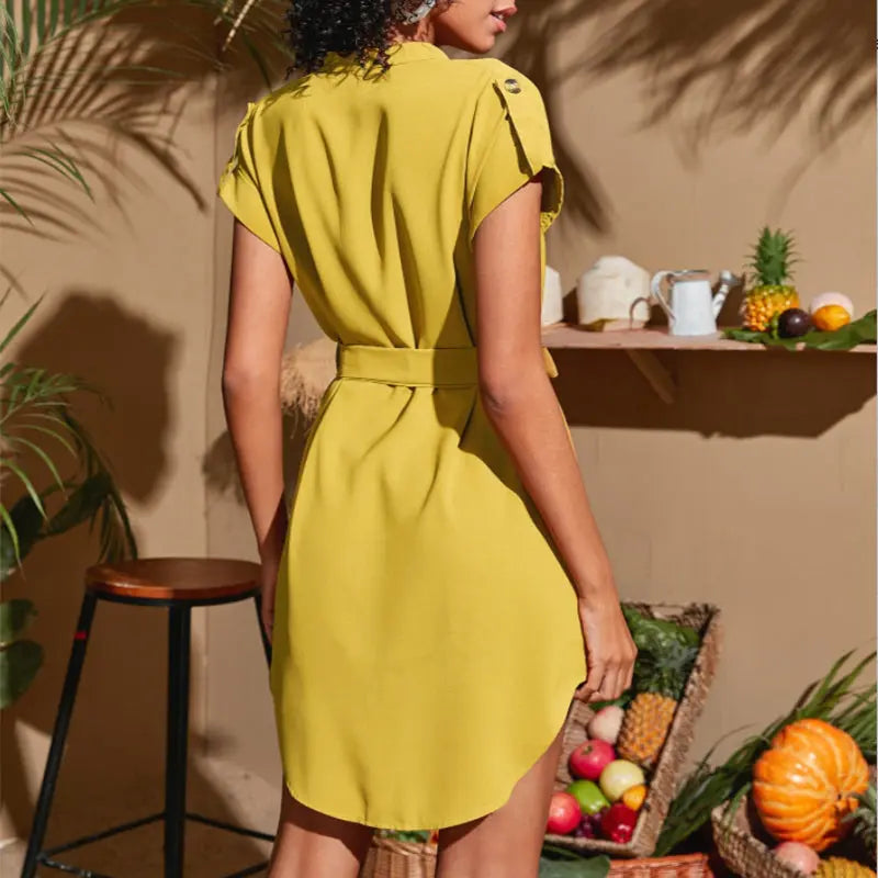V-neck Short Sleeve Dress With Belt Summer Fashion Bowknot Dresses For Women Clothing  Pre2brand Ginger-Yellow-5XL
