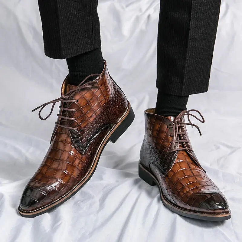 Vintage Crocodile Pattern Patent Leather Boots Men's Chelsea Boots Men's Ankle Boots Fashion Designer Men's Brand Flat Boots - Pre2brand
