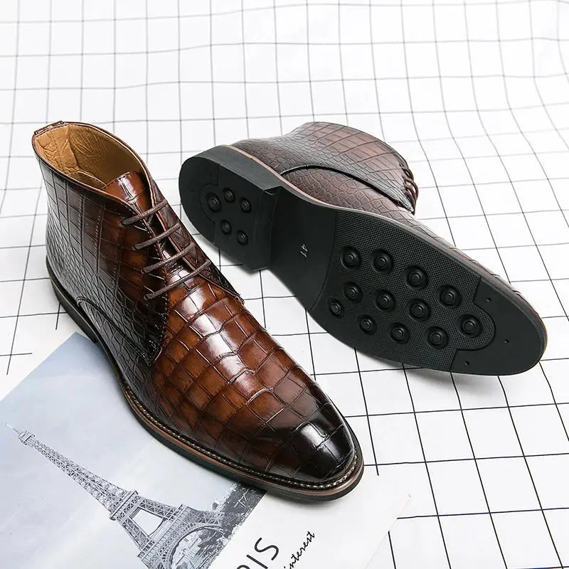 Vintage Crocodile Pattern Patent Leather Boots Men's Chelsea Boots Men's Ankle Boots Fashion Designer Men's Brand Flat Boots - Pre2brand