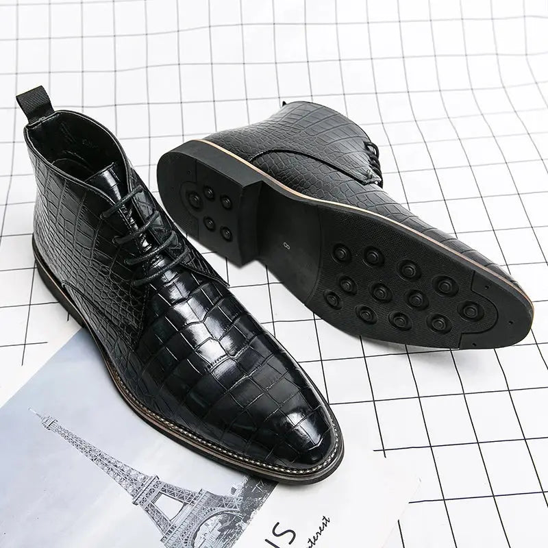 Vintage Crocodile Pattern Patent Leather Boots Men's Chelsea Boots Men's Ankle Boots Fashion Designer Men's Brand Flat Boots - Pre2brand