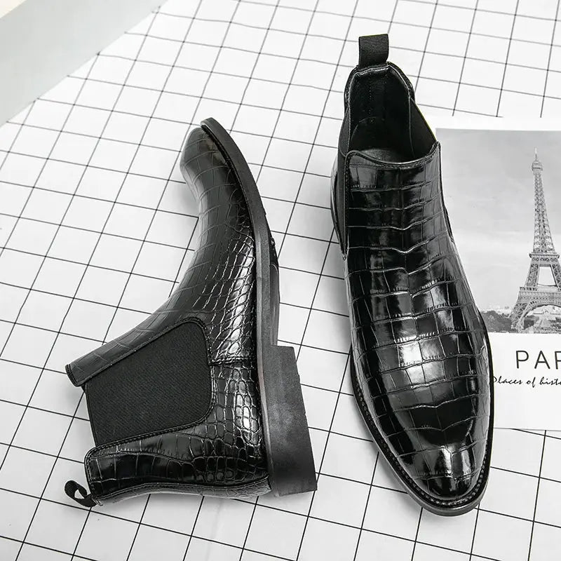 Vintage Crocodile Pattern Patent Leather Boots Men's Chelsea Boots Men's Ankle Boots Fashion Designer Men's Brand Flat Boots - Pre2brand