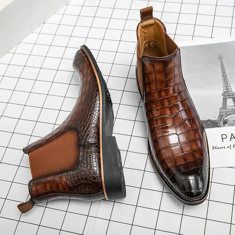 Vintage Crocodile Pattern Patent Leather Boots Men's Chelsea Boots Men's Ankle Boots Fashion Designer Men's Brand Flat Boots - Pre2brand