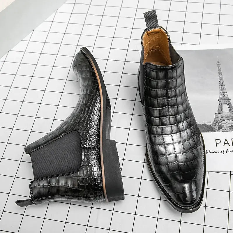 Vintage Crocodile Pattern Patent Leather Boots Men's Chelsea Boots Men's Ankle Boots Fashion Designer Men's Brand Flat Boots - Pre2brand