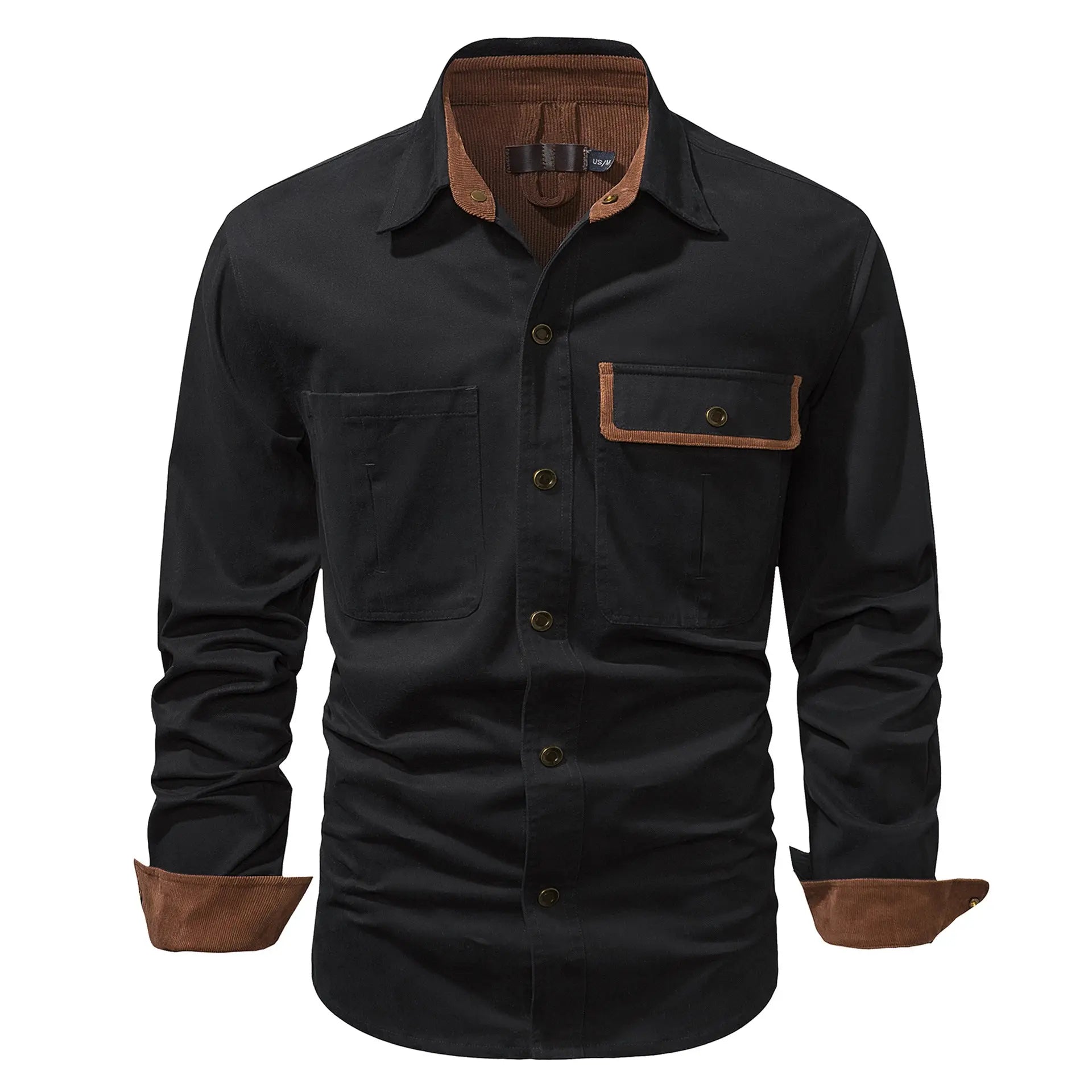 Washed Cotton Plus Size Solid Color Polo Collar Men's Long Sleeve Shirt  Pre2brand Black-XXL