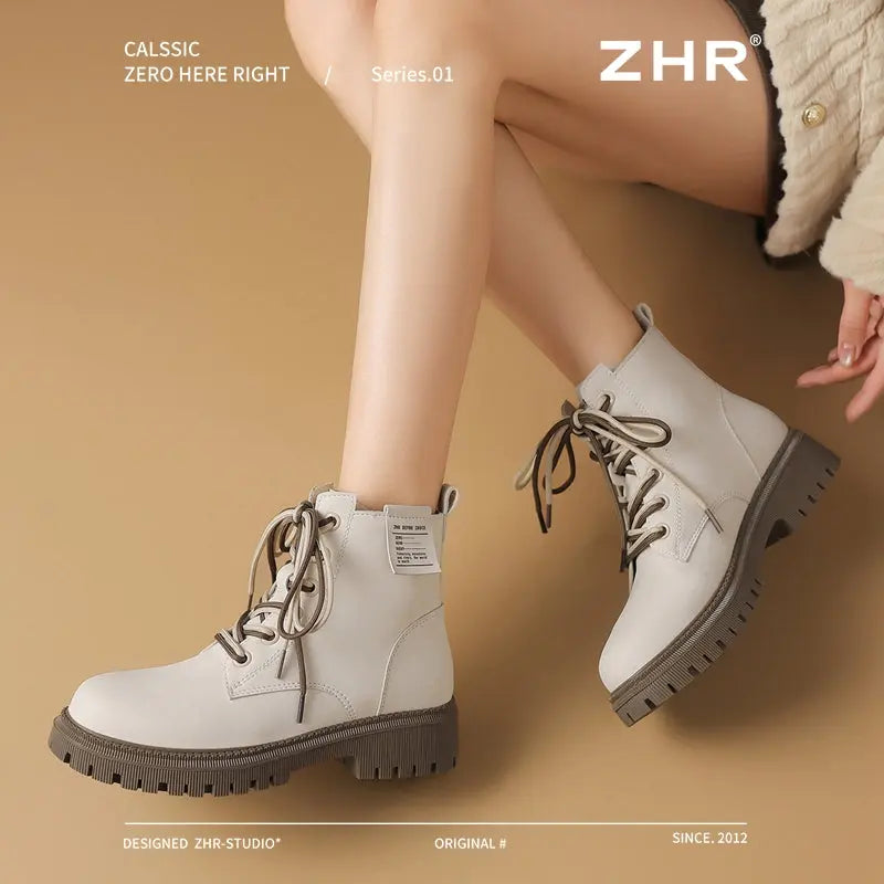 White Martin Boots Female 2024 Winter New Arrival Fleece-lined Platform Ankle Boots British Style Small Chelsea Ankle Boots  Pre2brand
