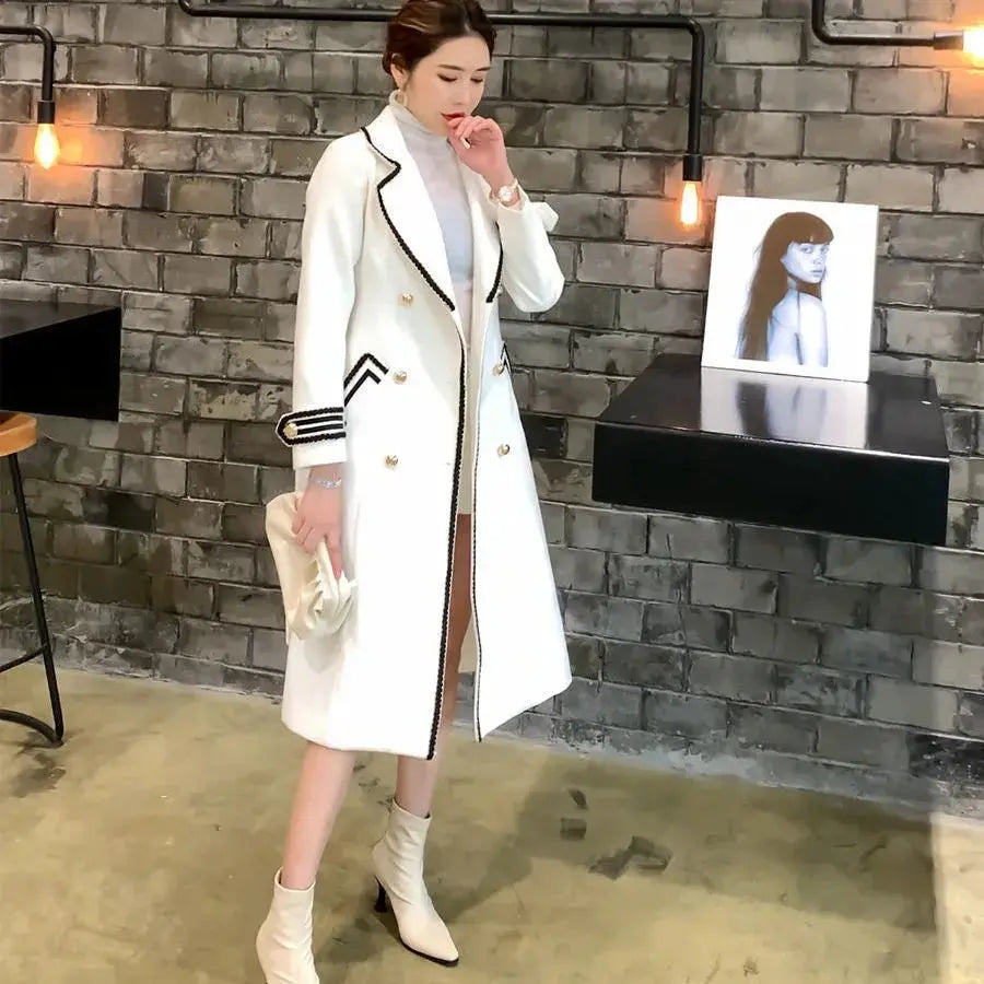 White Woolen Coat Women Mid-length Autumn/Winter Jacket Coat British Hepburn Thicken Slim Black Double-breasted Coat Trench Coat  Pre2brand