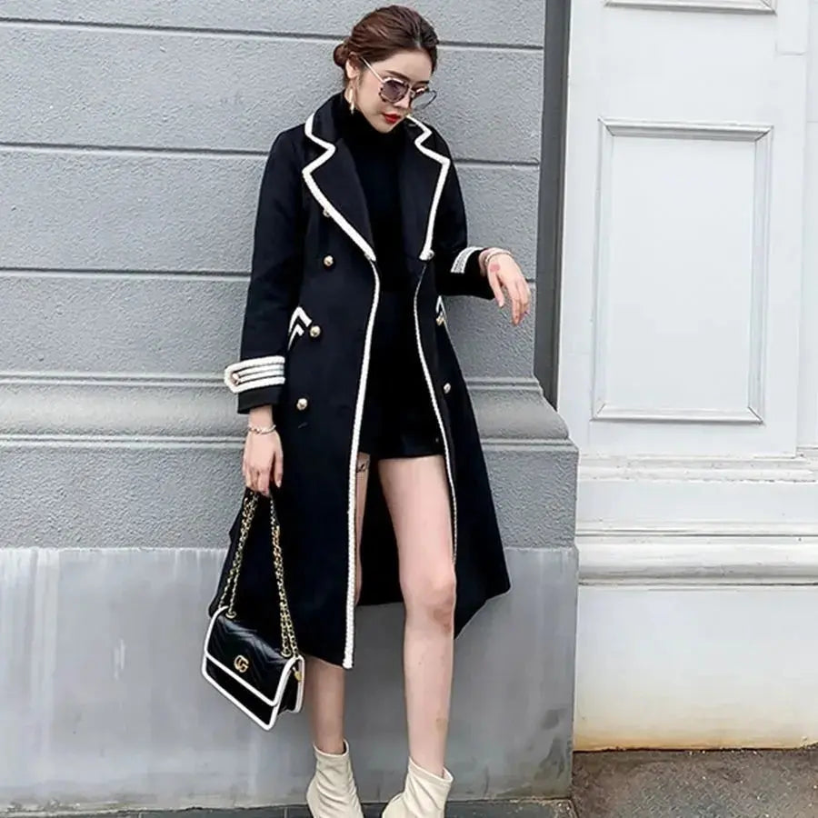 White Woolen Coat Women Mid-length Autumn/Winter Jacket Coat British Hepburn Thicken Slim Black Double-breasted Coat Trench Coat  Pre2brand