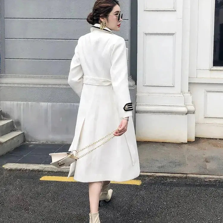 White Woolen Coat Women Mid-length Autumn/Winter Jacket Coat British Hepburn Thicken Slim Black Double-breasted Coat Trench Coat  Pre2brand