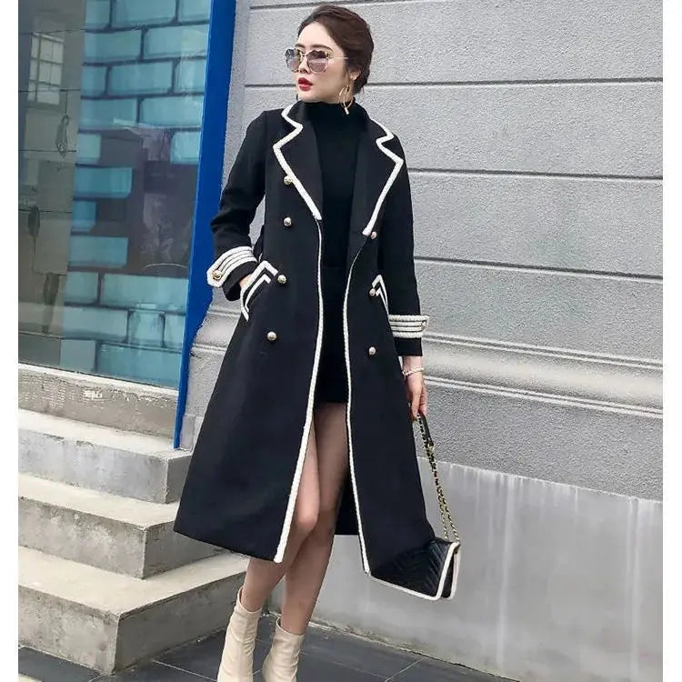 White Woolen Coat Women Mid-length Autumn/Winter Jacket Coat British Hepburn Thicken Slim Black Double-breasted Coat Trench Coat  Pre2brand