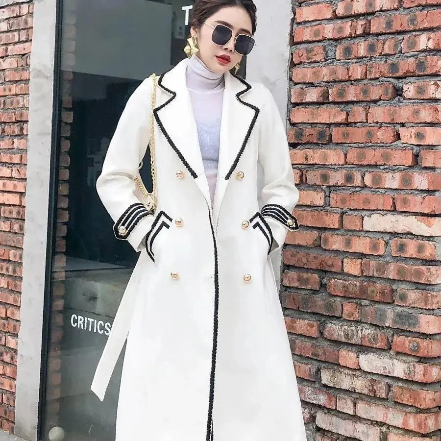 White Woolen Coat Women Mid-length Autumn/Winter Jacket Coat British Hepburn Thicken Slim Black Double-breasted Coat Trench Coat  Pre2brand XXL-WHITE
