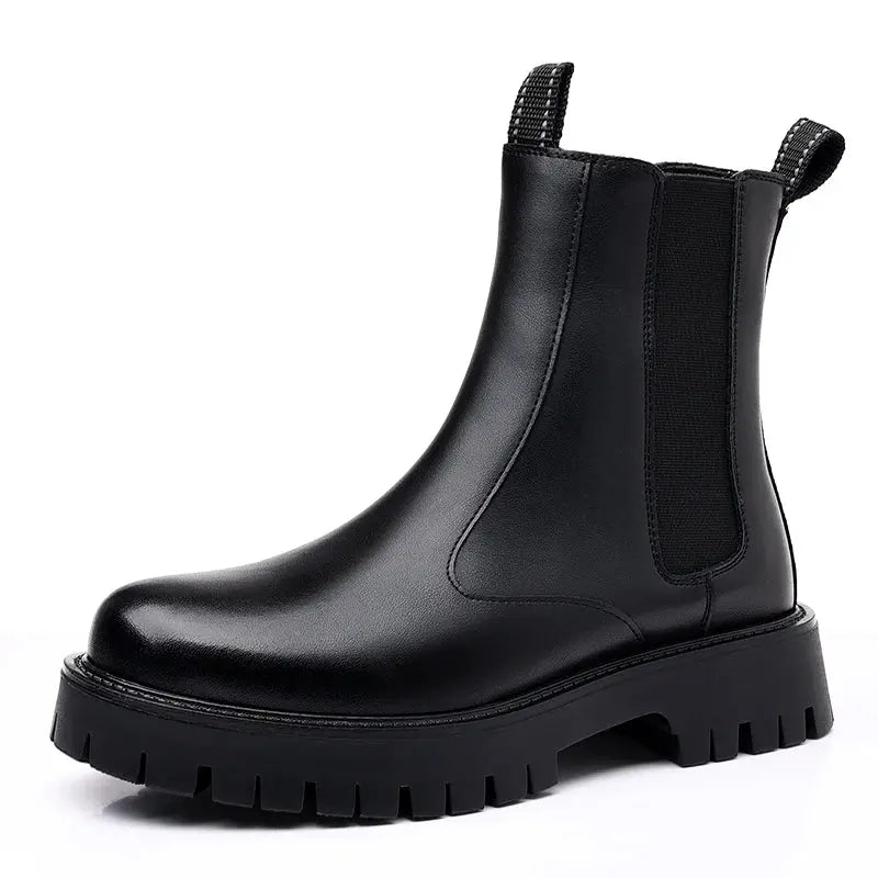 Winter Platform Chelsea Boots Men Ankle Shoes British Style Fashion Botas Chelsea Hombre Black Plush Microfiber Leather - Pre2brand