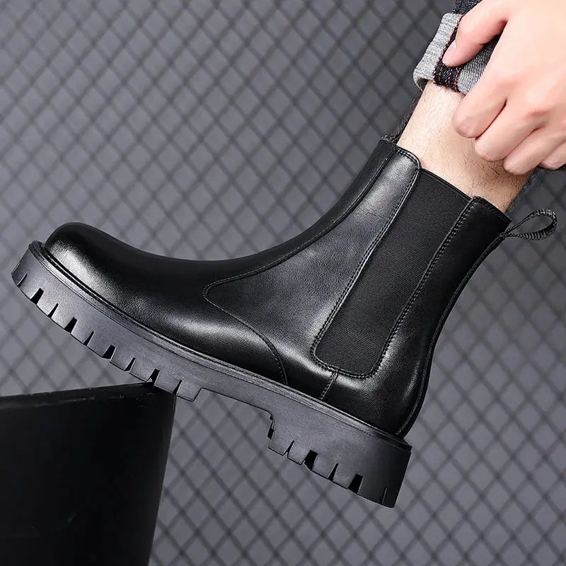 Winter Platform Chelsea Boots Men Ankle Shoes British Style Fashion Botas Chelsea Hombre Black Plush Microfiber Leather - Pre2brand