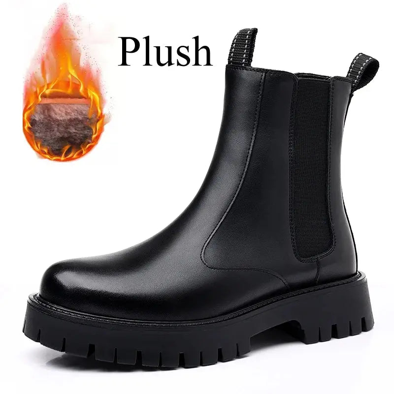 Winter Platform Chelsea Boots Men Ankle Shoes British Style Fashion Botas Chelsea Hombre Black Plush Microfiber Leather - Pre2brand