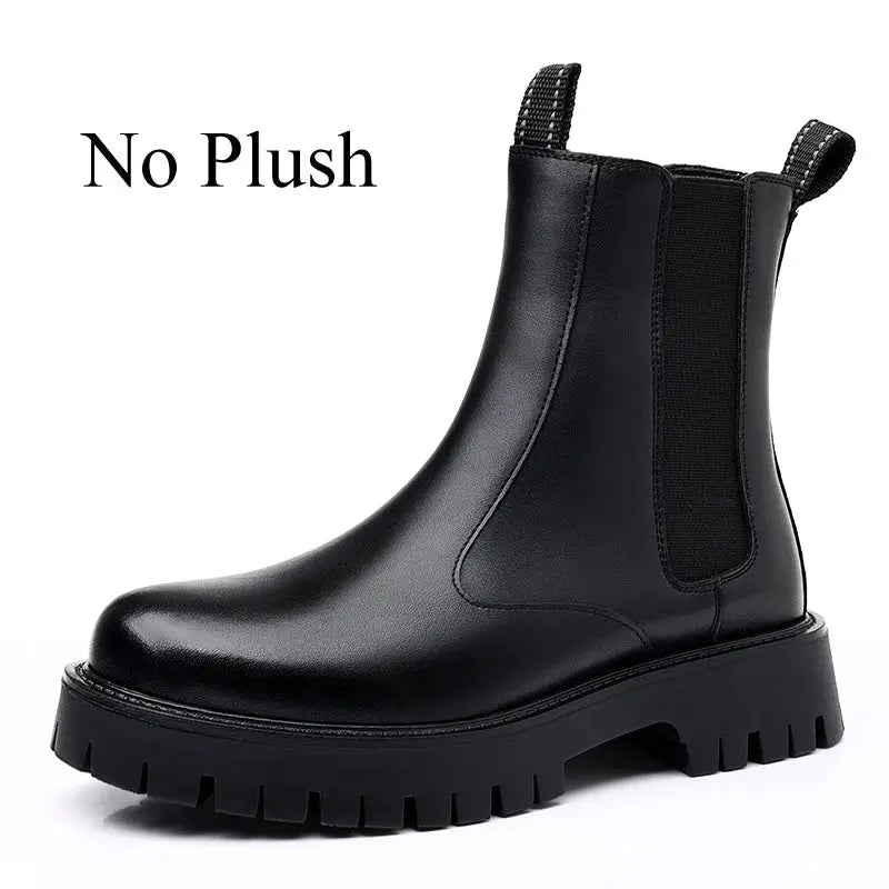 Winter Platform Chelsea Boots Men Ankle Shoes British Style Fashion Botas Chelsea Hombre Black Plush Microfiber Leather - Pre2brand