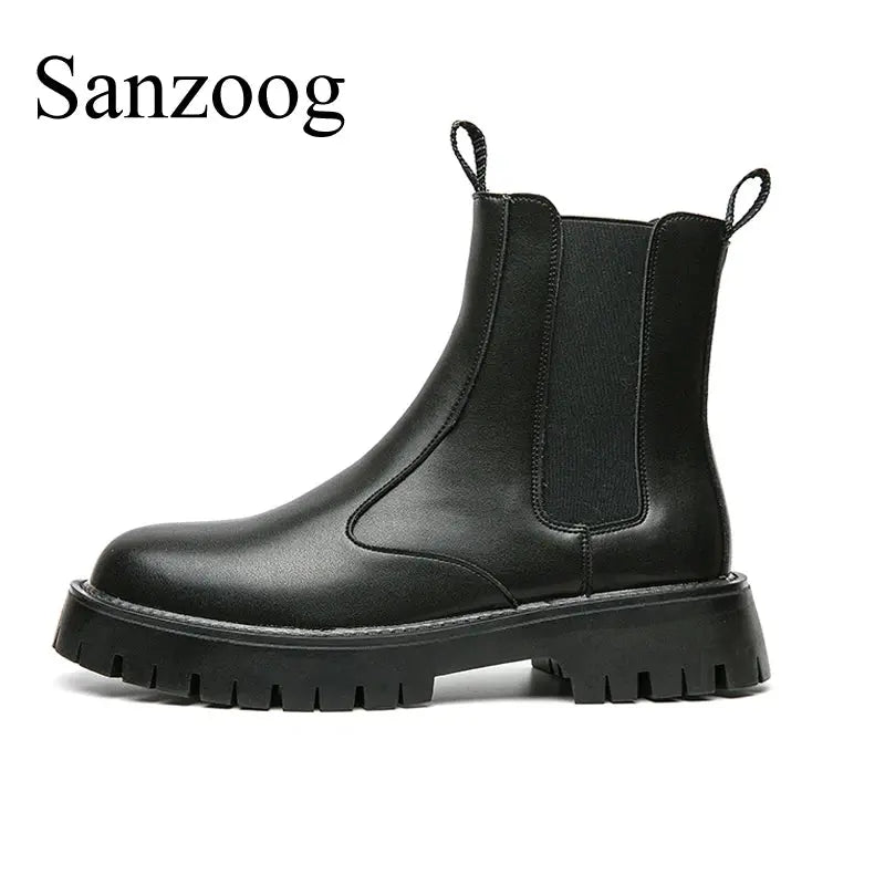 Winter Platform Chelsea Boots Men Ankle Shoes British Style Fashion Botas Chelsea Hombre Black Plush Microfiber Leather  Pre2brand