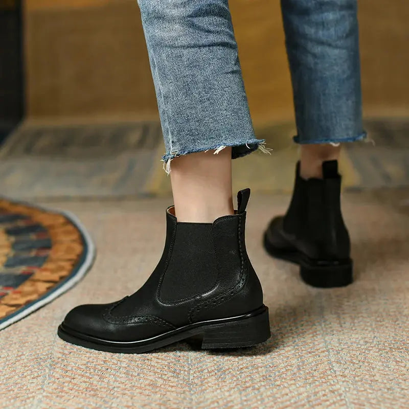 Winter/autumn Real Leather Chelsea Boots Retro Carved Women Boots Round Toe Ankle Boots British Style Short Boots Women Shoes - Pre2brand