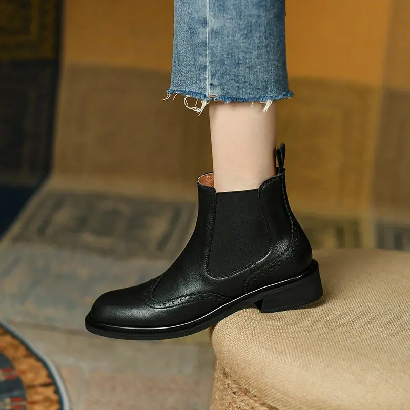 Winter/autumn Real Leather Chelsea Boots Retro Carved Women Boots Round Toe Ankle Boots British Style Short Boots Women Shoes - Pre2brand