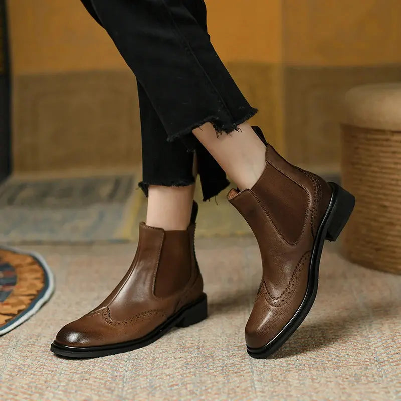 Winter/autumn Real Leather Chelsea Boots Retro Carved Women Boots Round Toe Ankle Boots British Style Short Boots Women Shoes  Pre2brand