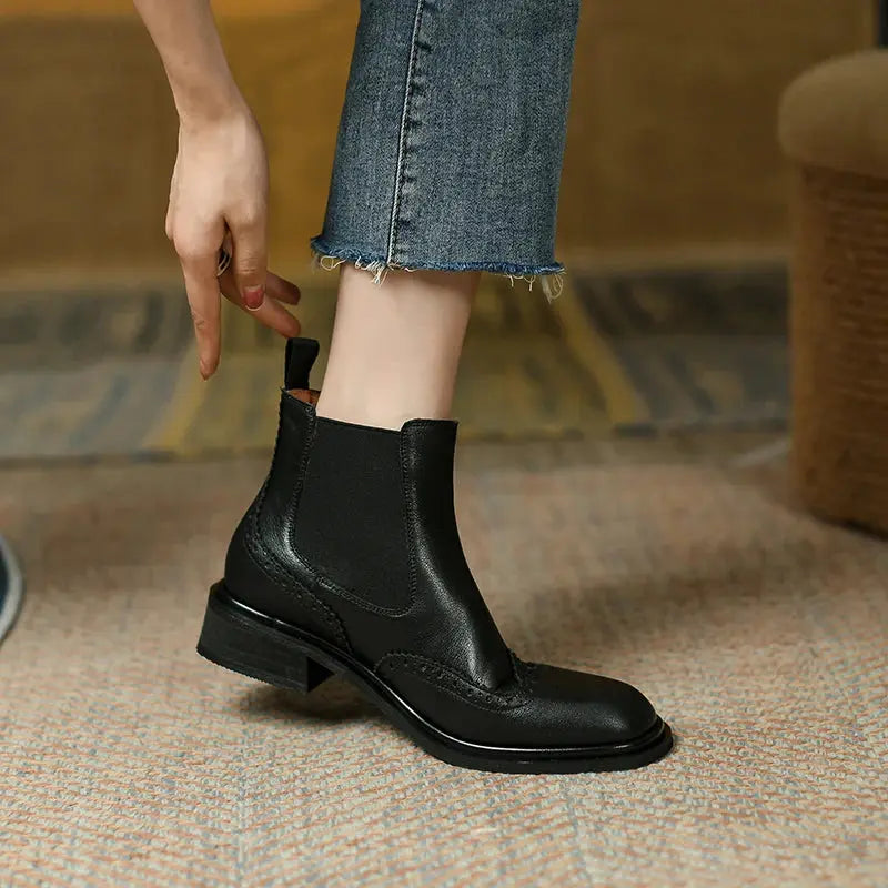 Winter/autumn Real Leather Chelsea Boots Retro Carved Women Boots Round Toe Ankle Boots British Style Short Boots Women Shoes  Pre2brand