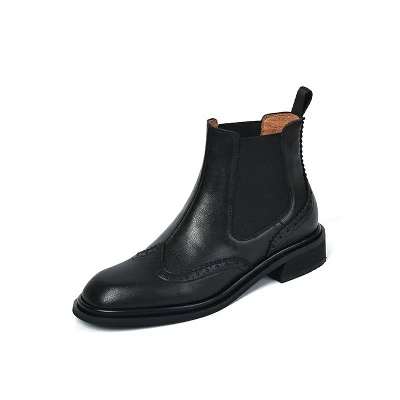 Winter/autumn Real Leather Chelsea Boots Retro Carved Women Boots Round Toe Ankle Boots British Style Short Boots Women Shoes  Pre2brand black-8