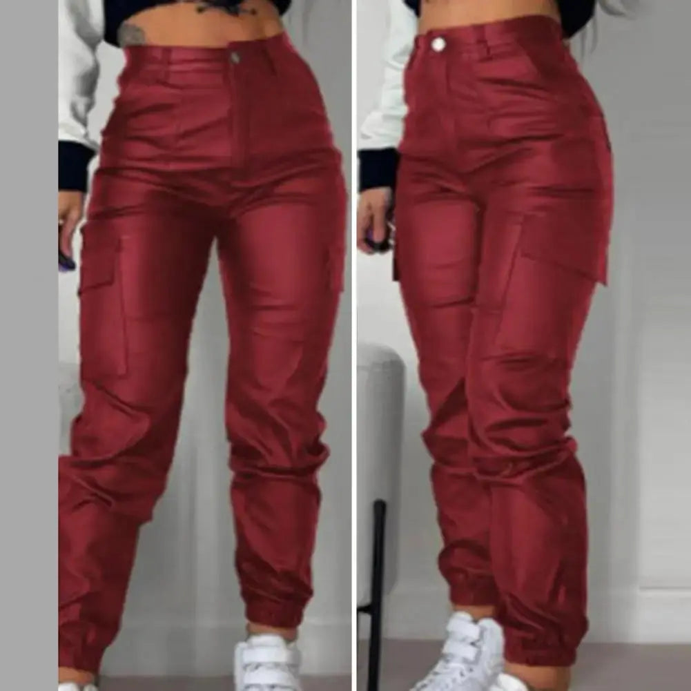 Women Faux Leather Pants Smooth High Elastic Waist Lady Long Trousers Ankle-banded Pockets Zipper Slim Fit Motorcycle Trousers  Pre2brand