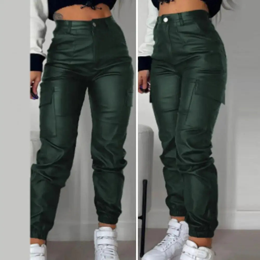 Women Faux Leather Pants Smooth High Elastic Waist Lady Long Trousers Ankle-banded Pockets Zipper Slim Fit Motorcycle Trousers  Pre2brand