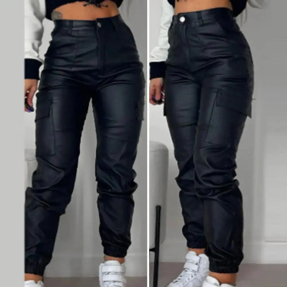 Women Faux Leather Pants Smooth High Elastic Waist Lady Long Trousers Ankle-banded Pockets Zipper Slim Fit Motorcycle Trousers  Pre2brand