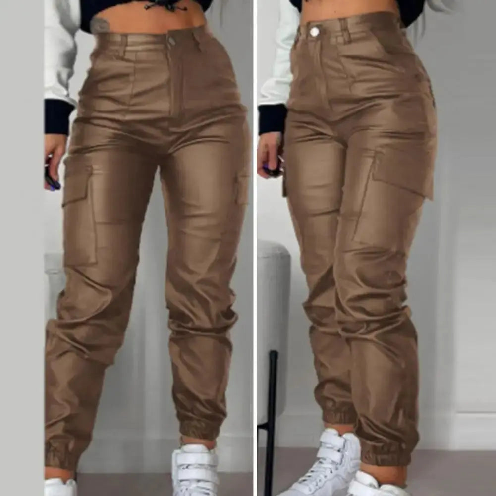 Women Faux Leather Pants Smooth High Elastic Waist Lady Long Trousers Ankle-banded Pockets Zipper Slim Fit Motorcycle Trousers  Pre2brand
