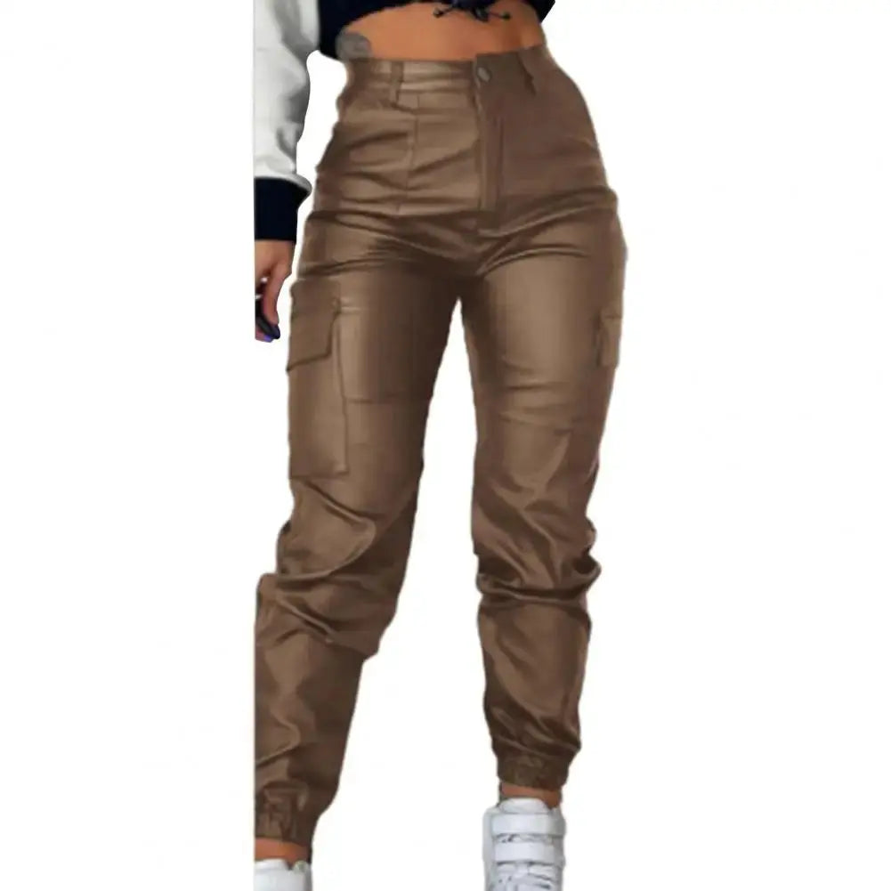Women Faux Leather Pants Smooth High Elastic Waist Lady Long Trousers Ankle-banded Pockets Zipper Slim Fit Motorcycle Trousers  Pre2brand 2XL-Brown