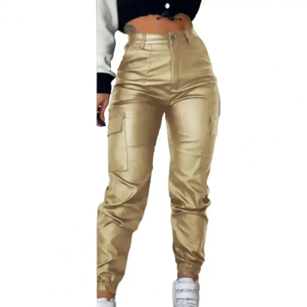 Women Faux Leather Pants Smooth High Elastic Waist Lady Long Trousers Ankle-banded Pockets Zipper Slim Fit Motorcycle Trousers  Pre2brand 2XL-Yellow