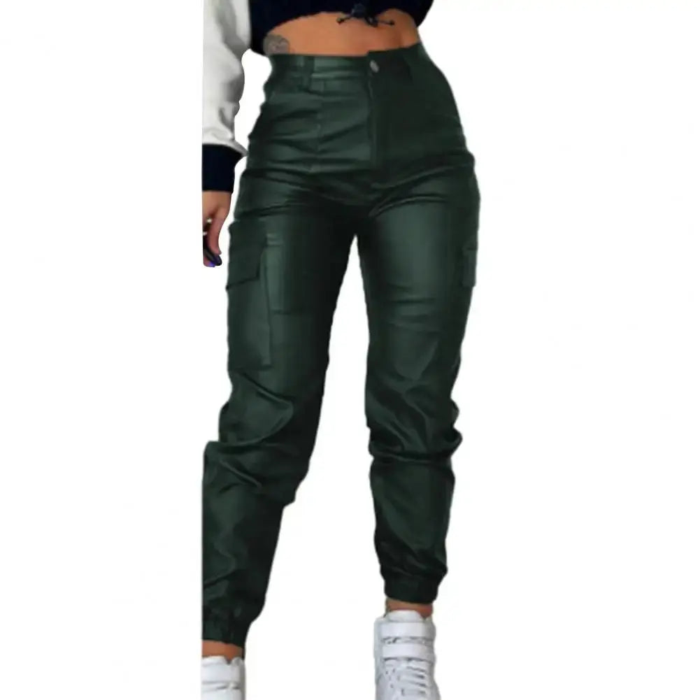 Women Faux Leather Pants Smooth High Elastic Waist Lady Long Trousers Ankle-banded Pockets Zipper Slim Fit Motorcycle Trousers  Pre2brand 2XL-green