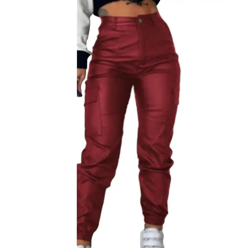 Women Faux Leather Pants Smooth High Elastic Waist Lady Long Trousers Ankle-banded Pockets Zipper Slim Fit Motorcycle Trousers  Pre2brand 2XL-Wine-Red