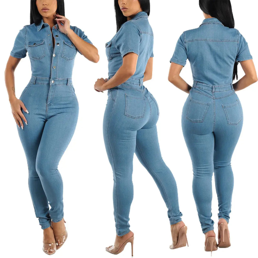 Women Jeans Washed Denim Pencil Pants Ankle Length Jean Single Breasted Overalls Pockets Solid Basics 2024 Skinny Spliced  Pre2brand XXL-Sky-Blue
