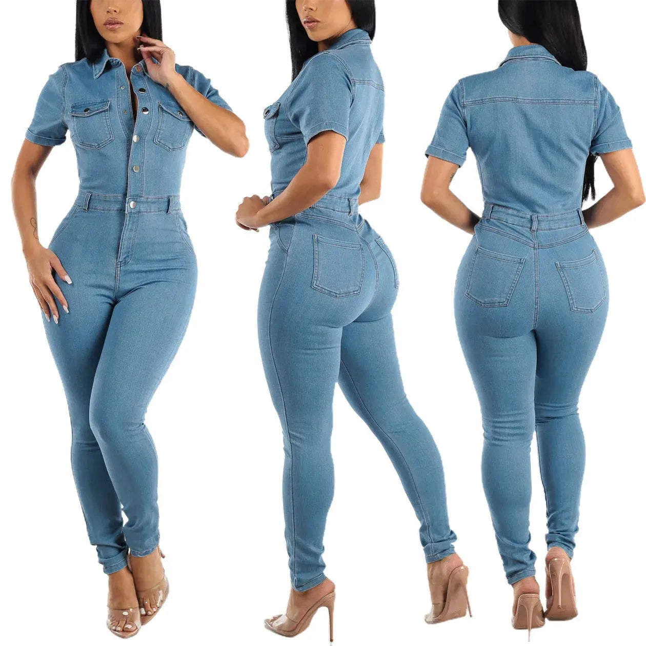 Women Jeans Washed Denim Pencil Pants Ankle Length Jean Single Breasted Overalls Pockets Solid Basics 2024 Skinny Spliced  Pre2brand XXL-Sky-Blue