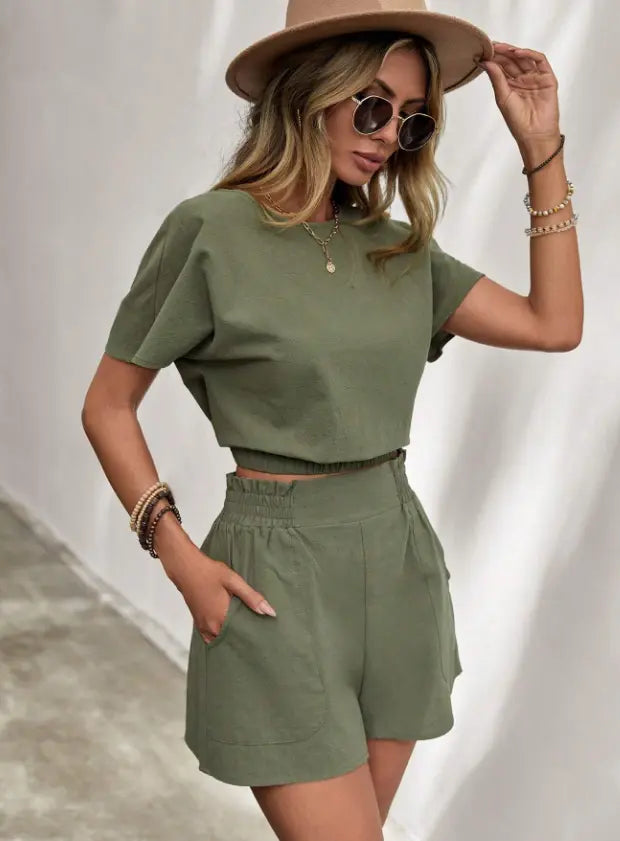 Women's Casual Breathable Short Sleeved Set  Pre2brand Green-3XL