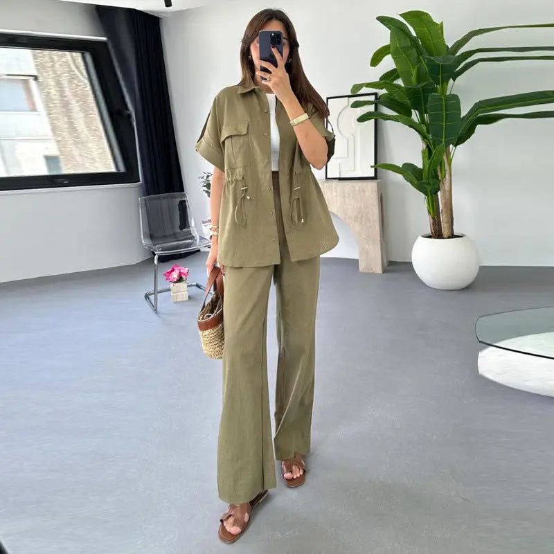 Women's Casual Drawstring Top All-matching Trousers Two-piece Suit  Pre2brand Army-Green-XL