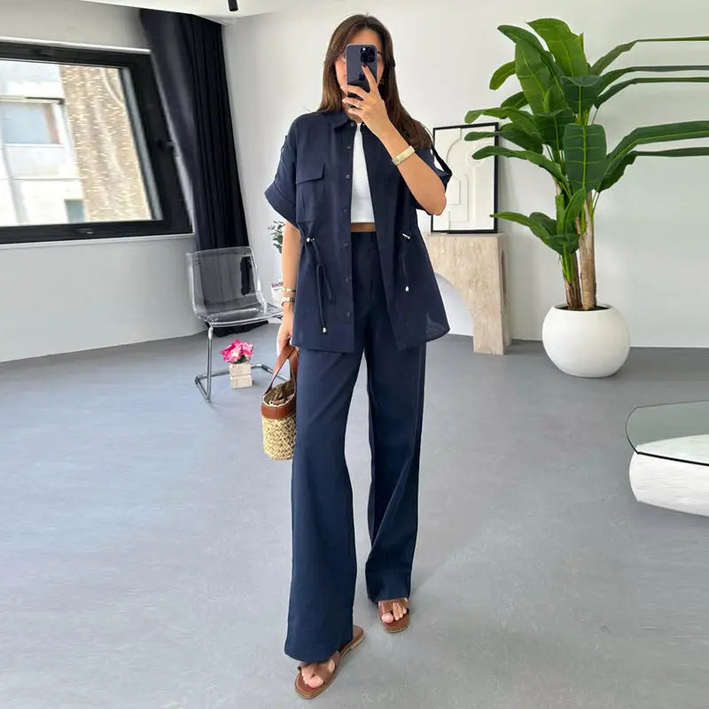 Women's Casual Drawstring Top All-matching Trousers Two-piece Suit  Pre2brand Dark-Blue-XL