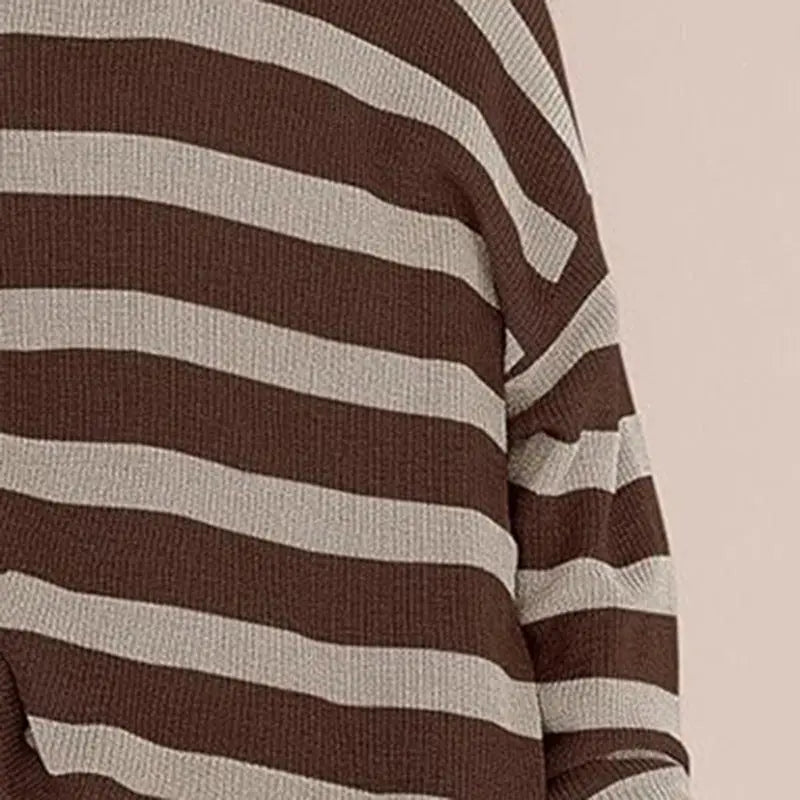 Women's Casual Fashion 2-piece Set Long Sleeve Loose Striped Top  Pre2brand Brown-XL