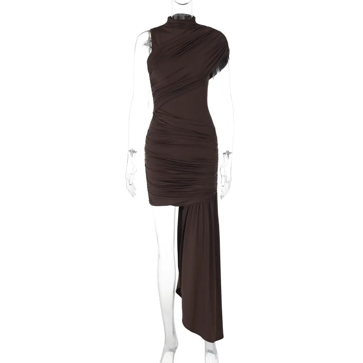 Women's Fashion Slim Round Neck Pleated Dress  Pre2brand Brown-L